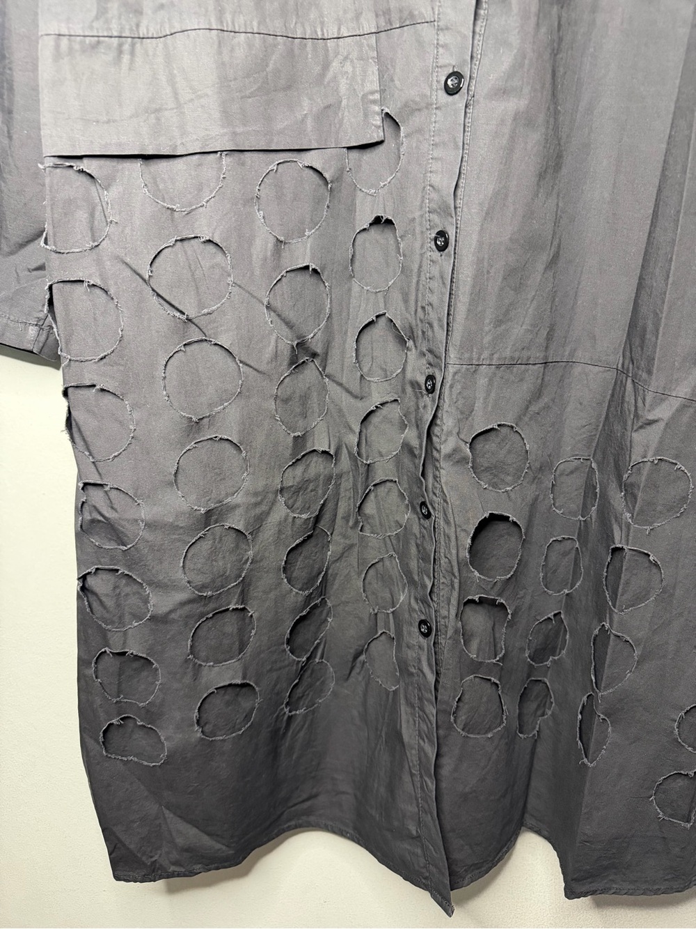 Black Button-Front Long Shirt Dress with Cutout Circle Detail - Picture 2 of 5